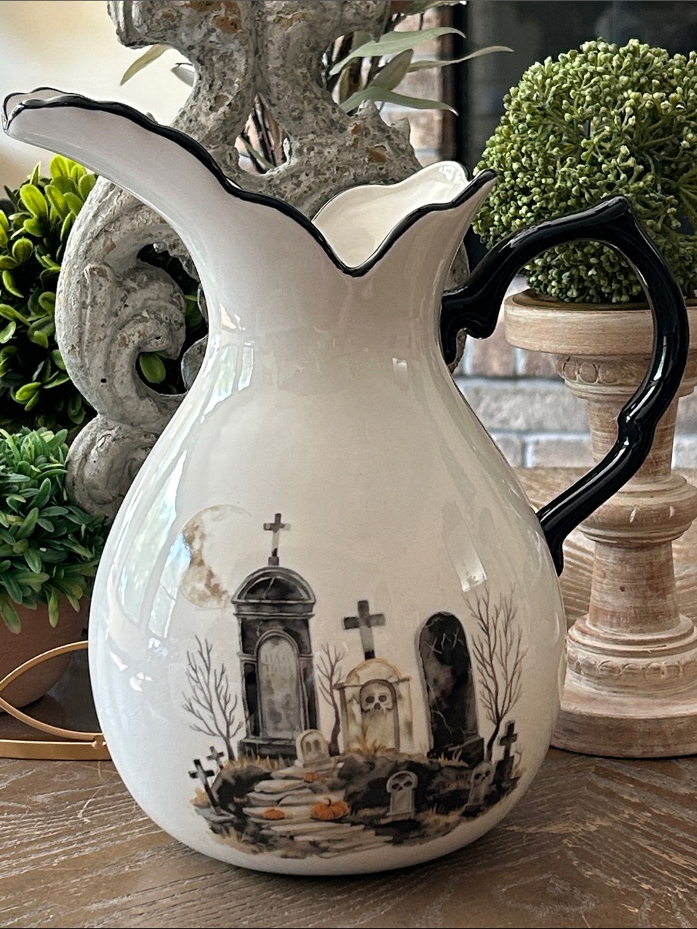 NEW! Vintage Inspired Gothic Halloween Haunted Graveyard & Roses Ceramic Pitcher
